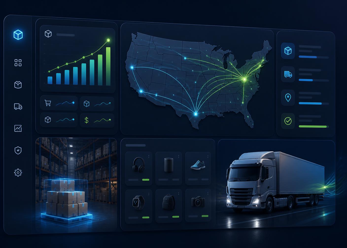 ZylosApex BD warehouse dashboard showing US shipping routes, live order analytics, and same-day fulfillment